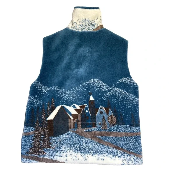 Denali VINTAGE Unisex Fleece Vest Blue Winter Village Mountain Scene Full Zip L - Picture 2 of 8